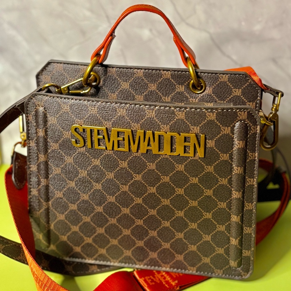 Steve Madden Brown Orange Monogram Luxury Tote Shoulder Bag Purse Gold Hardware